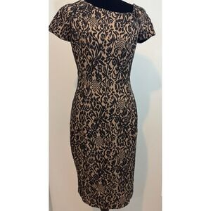 Eva Mendes Tan W/ Black Lace Dress MIDI Short Sleeve Size 2